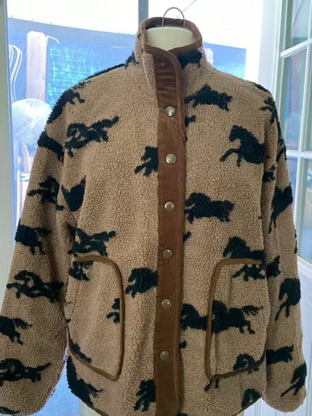 Womens Western Horse Printed Fleece Jacket Button Teddy Jacket Sherpa Fluffy Ja
